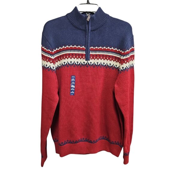 IZOD Biking Red Mens Fairisle Quarter Zip Sweater Large - Picture 1 of 11